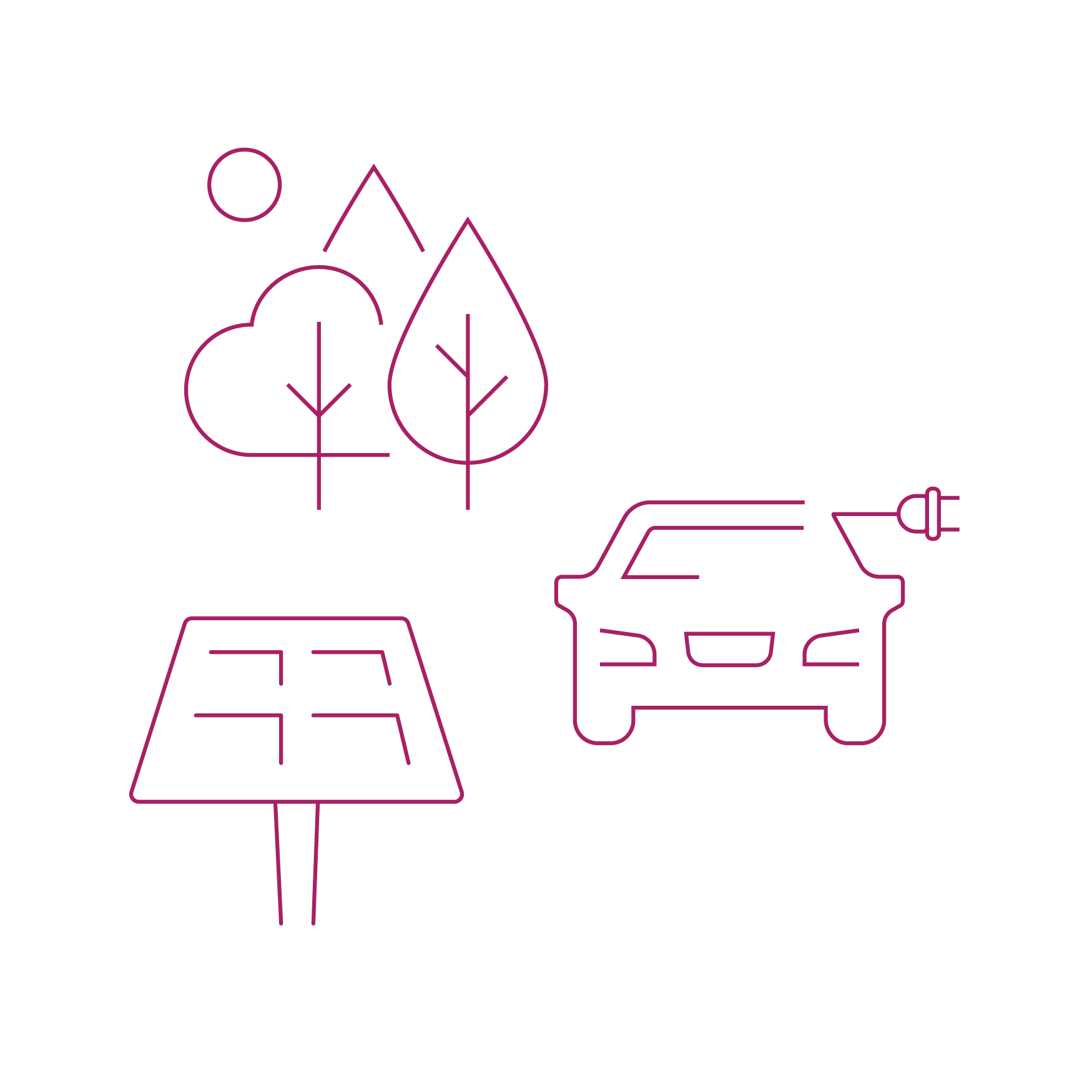 Illustration outline of trees, solar panels and an electric car